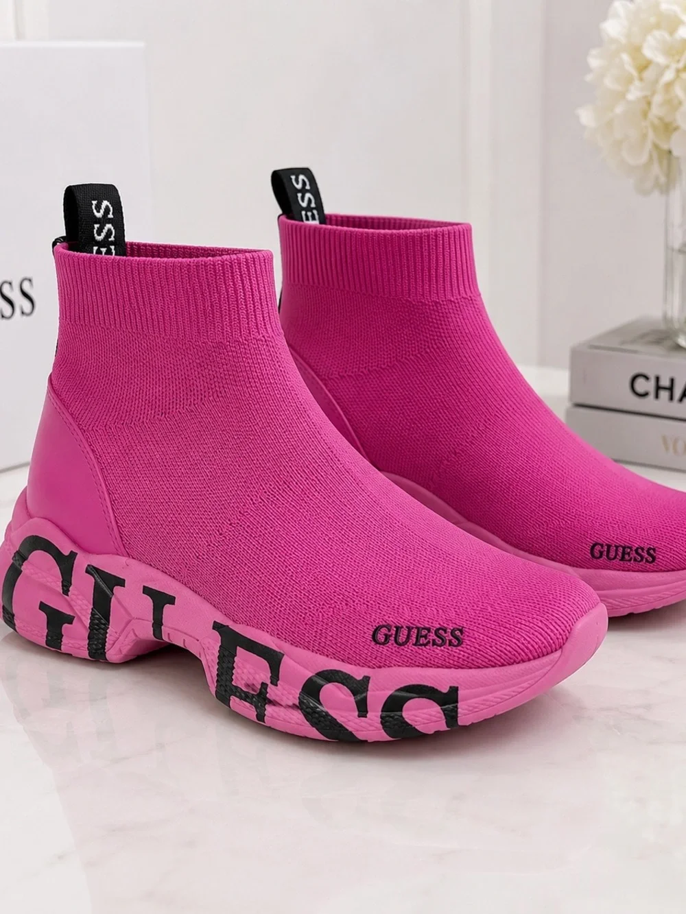 Guess Hot Pink Sock-Sneakers with Black Logo